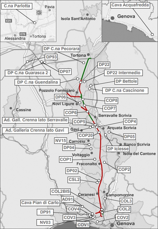 Mappa del tracciato con evidenza dei cantieri su cui vengono effettuate le misure riguardante la situazione amianto